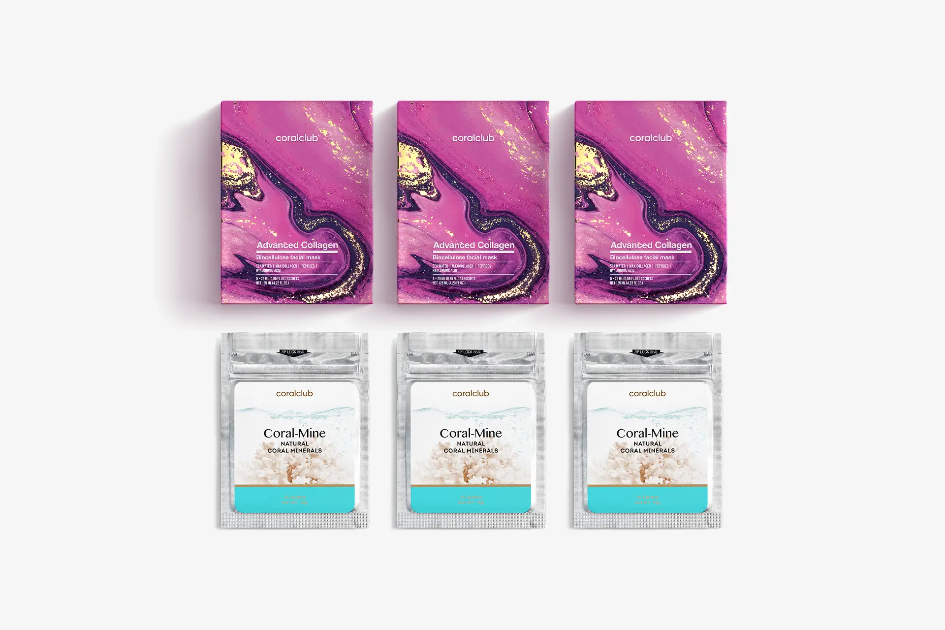 Advanced Collagen маска для лица биоцеллюлозная, 25 мл (5 саше*3) + Coral-Mine, 30 саше по 1 г